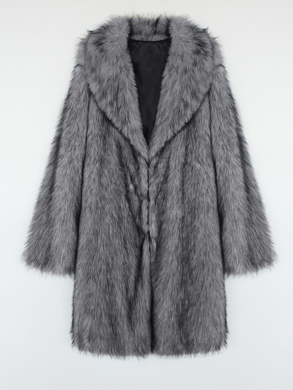 Longline Faux Fur Notch Lapel Coat - darkgrey