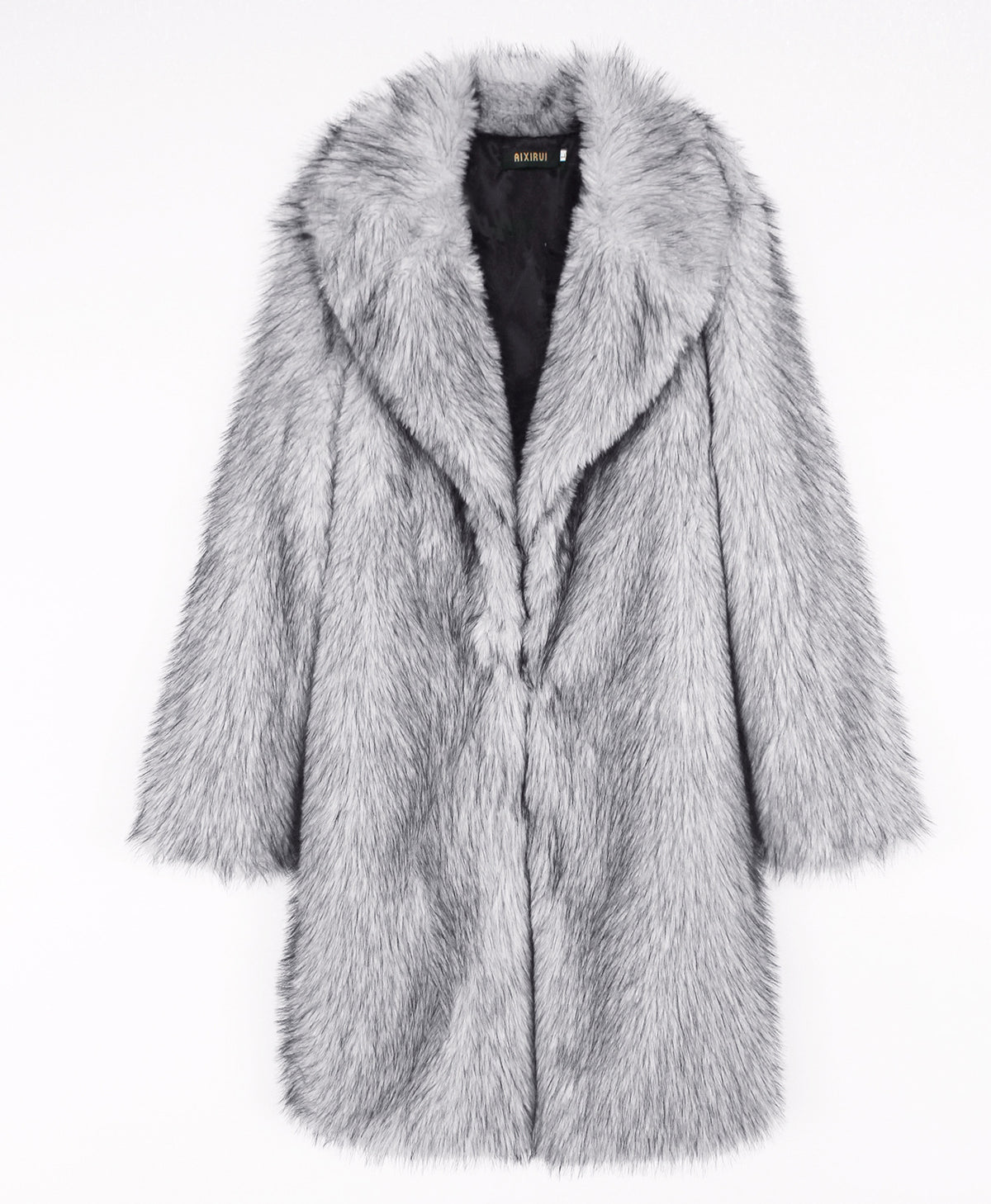 Longline Faux Fur Notch Lapel Coat - grey - 1