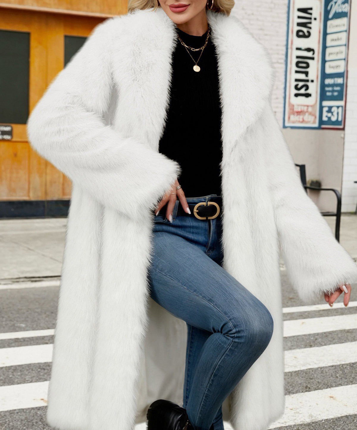 Longline Faux Fur Notch Lapel Coat - white - 2