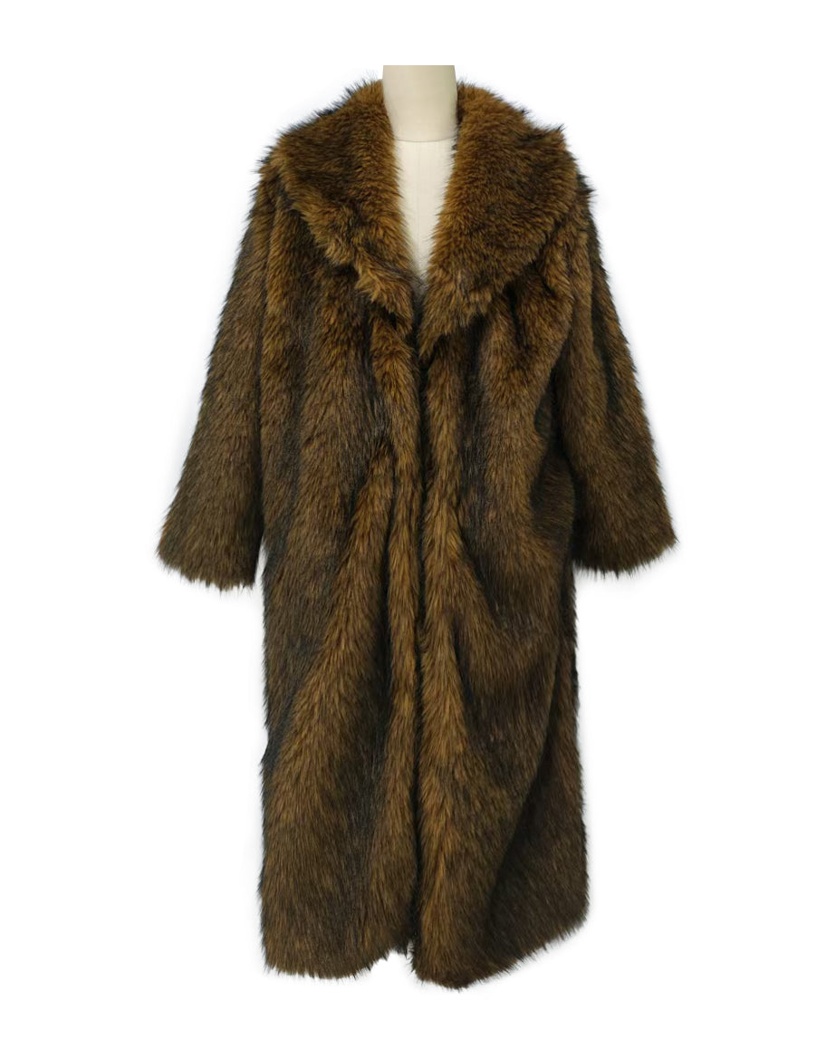 Longline Faux Fur Notch Lapel Coat - yellow