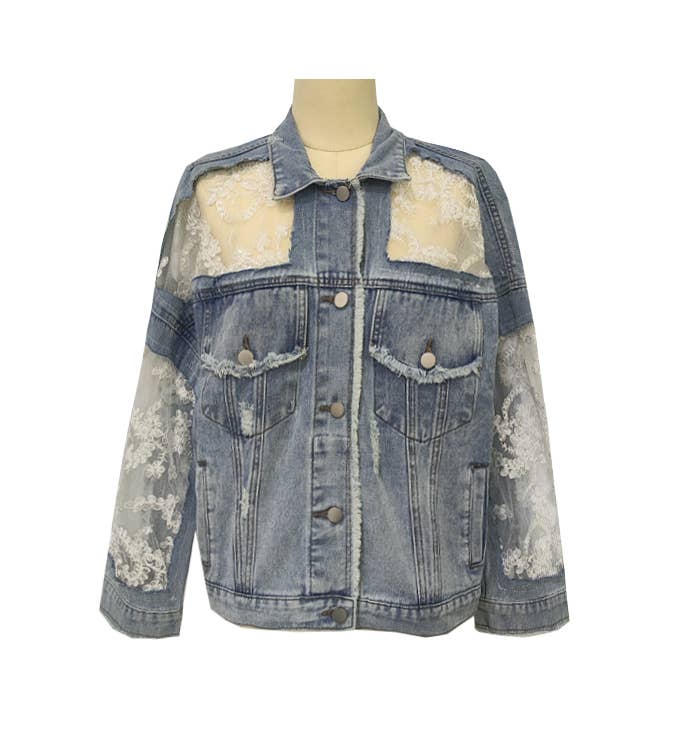 Lace Patchwork Distressed Denim Jacket