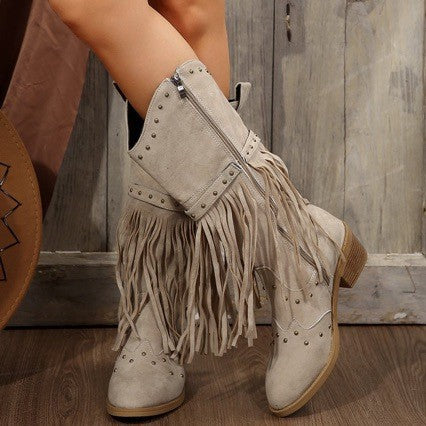 Studded Fringe Western Mid Calf Boots