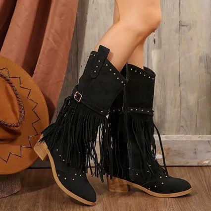 Studded Fringe Western Mid Calf Boots