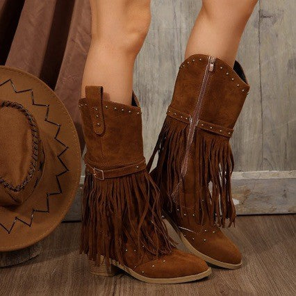 Studded Fringe Western Mid Calf Boots