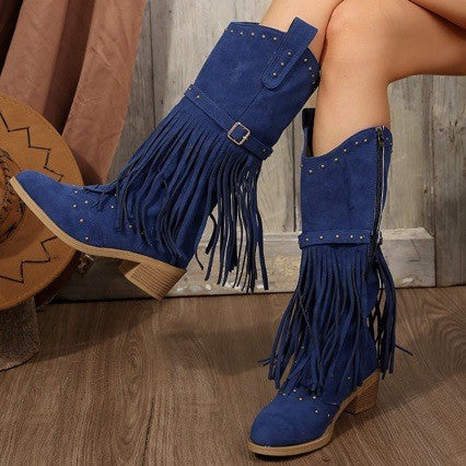 Studded Fringe Western Mid Calf Boots