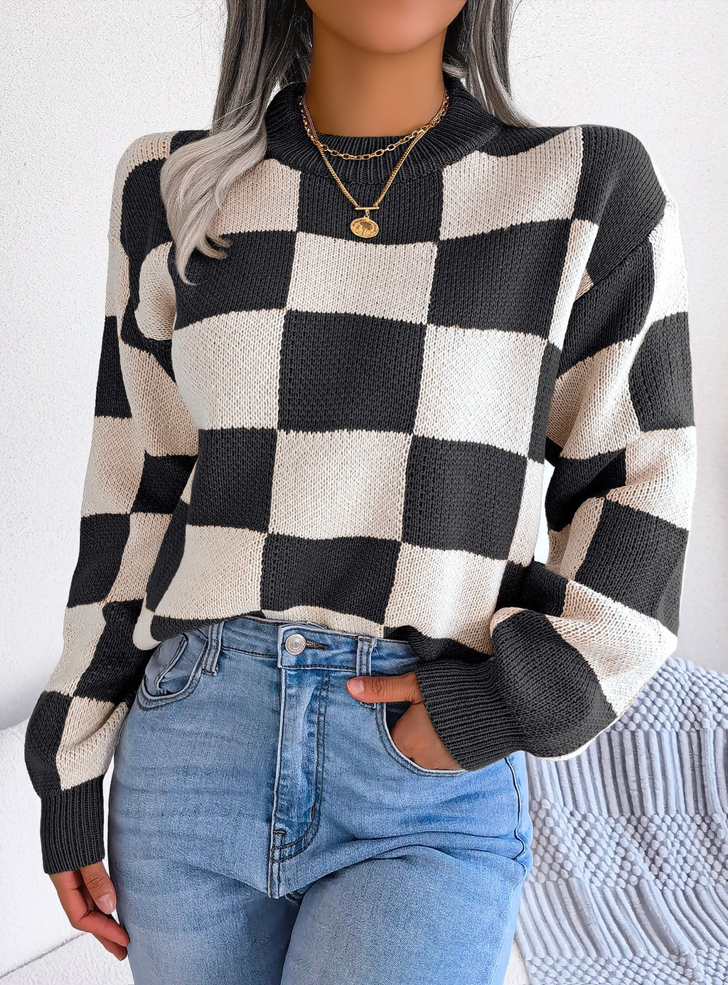 Checkerboard Mock Neck Drop Shoulder Sweater - Black - 1