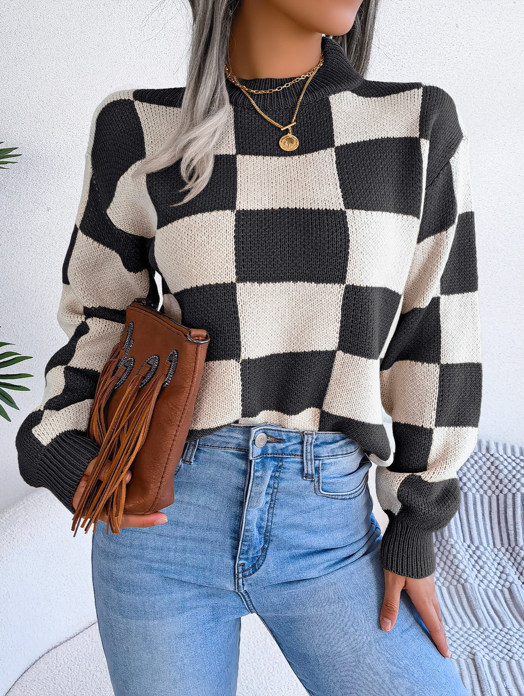 Checkerboard Mock Neck Drop Shoulder Sweater - Black - 2
