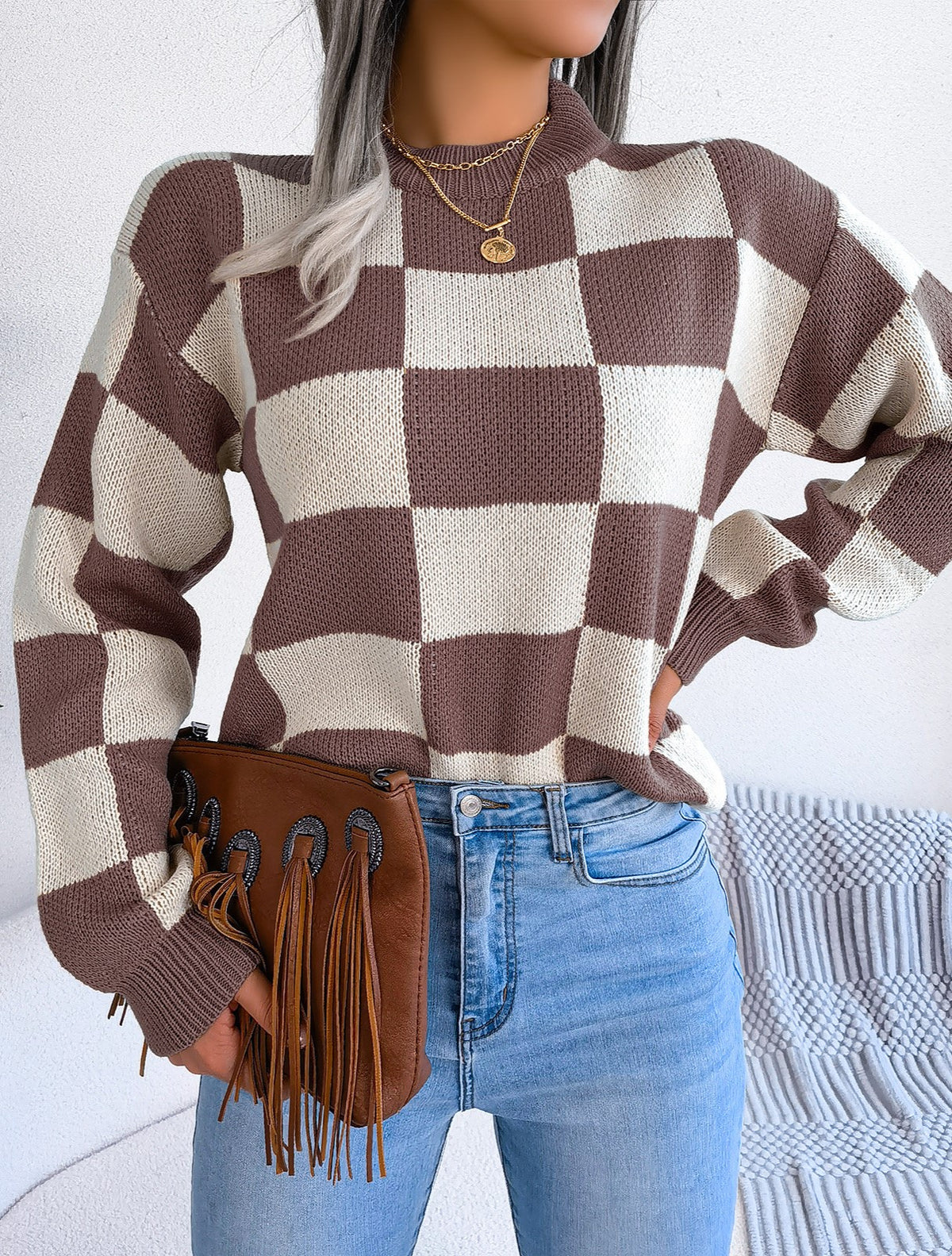 Checkerboard Mock Neck Drop Shoulder Sweater - Coffee