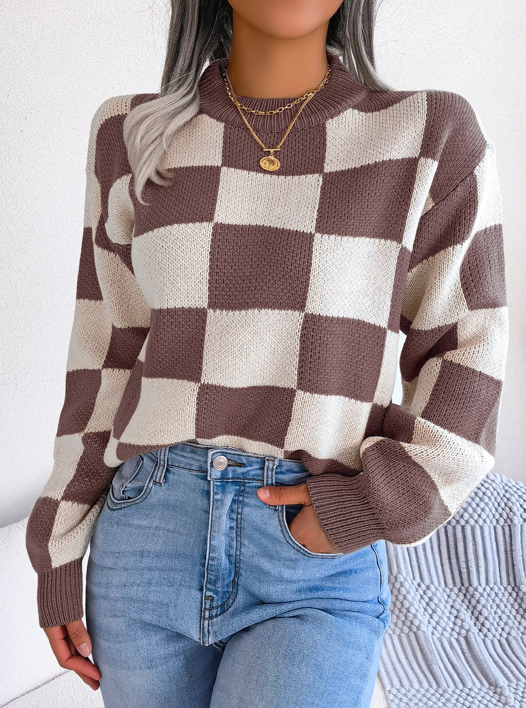 Checkerboard Mock Neck Drop Shoulder Sweater - Coffee - 1