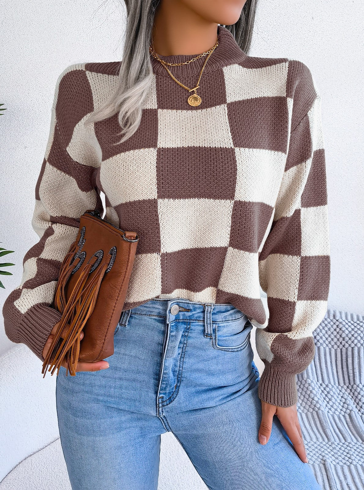 Checkerboard Mock Neck Drop Shoulder Sweater - Coffee - 2