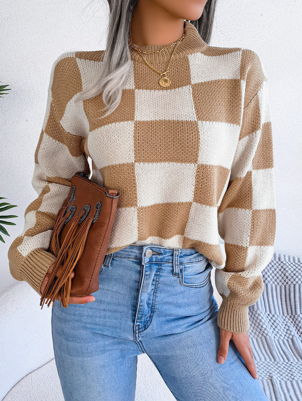 Checkerboard Mock Neck Drop Shoulder Sweater - Khaki - 1