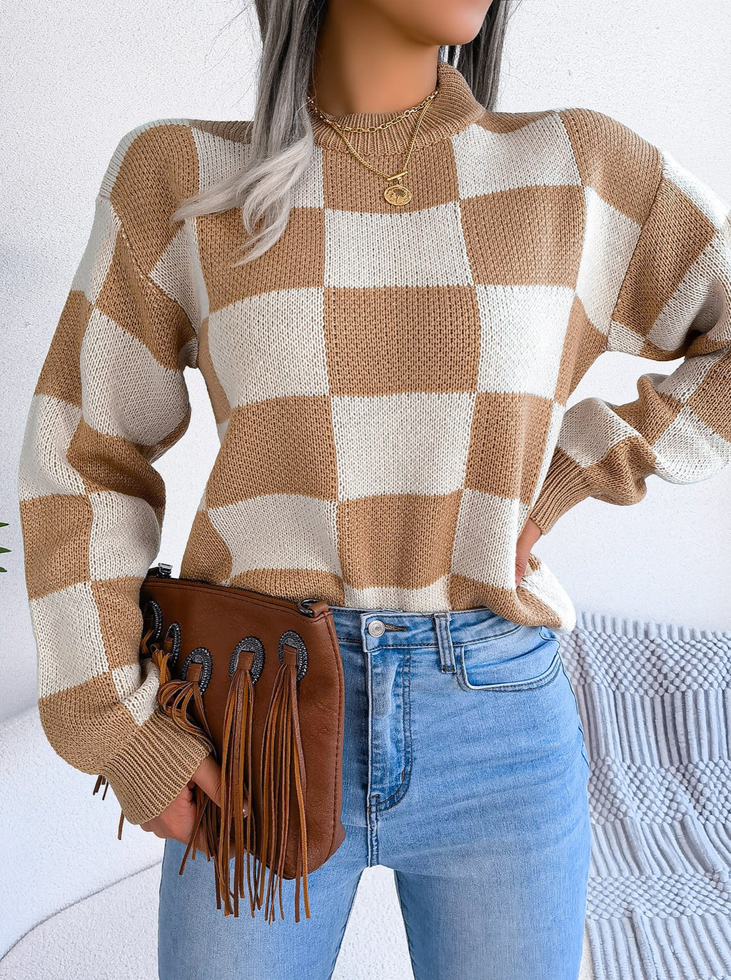 Checkerboard Mock Neck Drop Shoulder Sweater - Khaki - 2