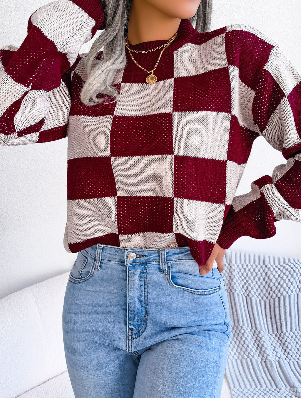 Checkerboard Mock Neck Drop Shoulder Sweater - Winered