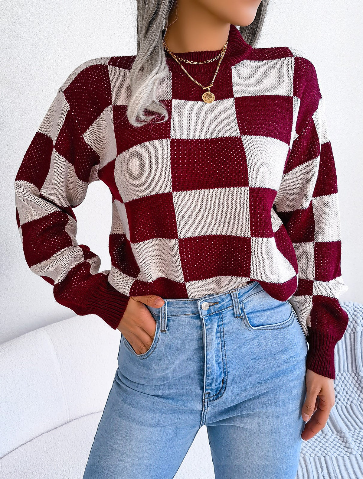 Checkerboard Mock Neck Drop Shoulder Sweater - Winered - 1