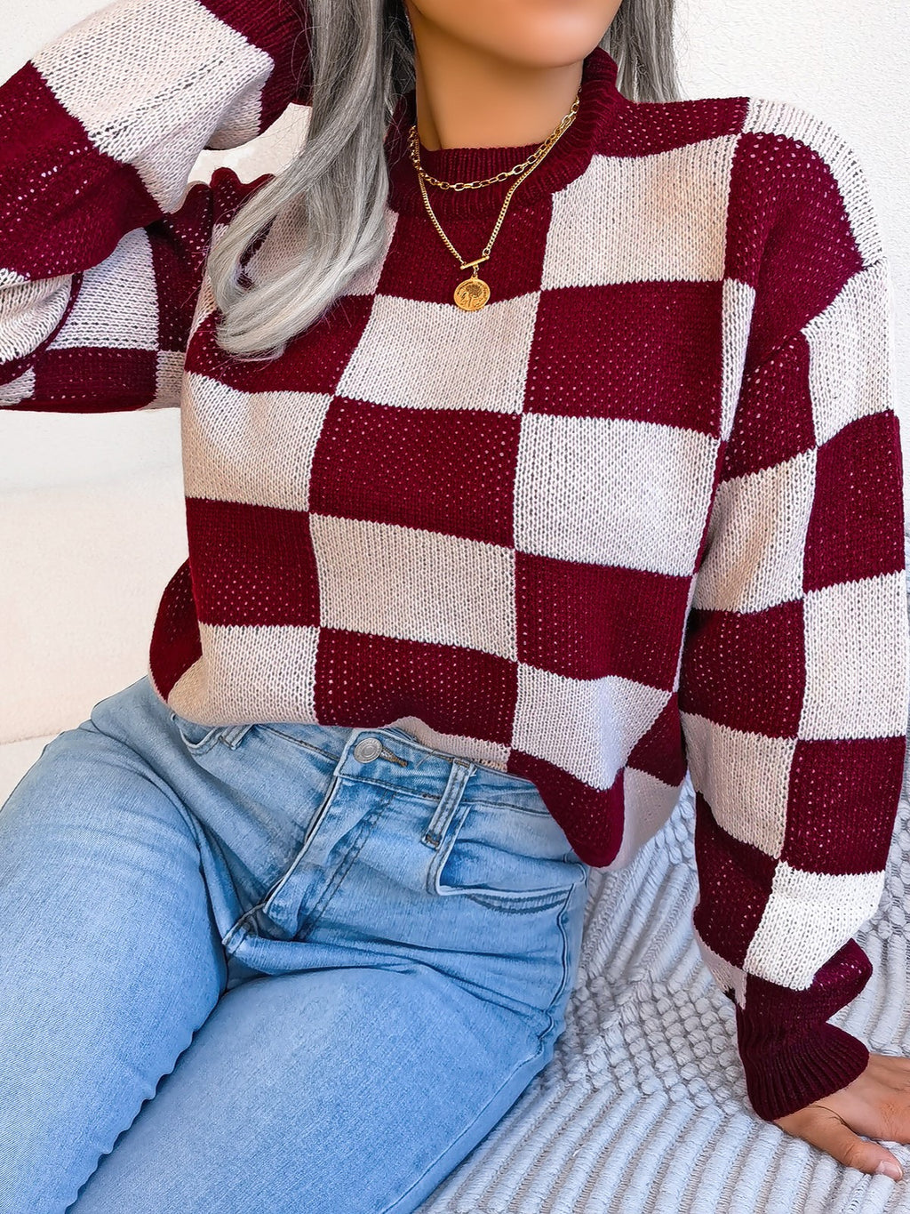 Checkerboard Mock Neck Drop Shoulder Sweater - Winered - 2