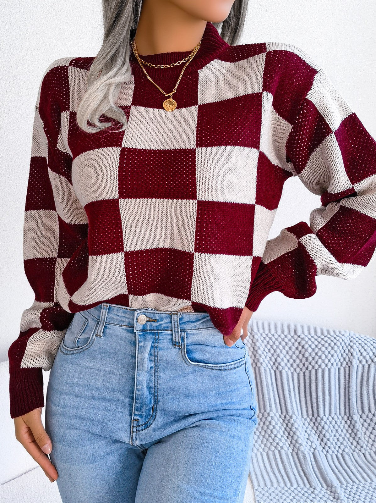 Checkerboard Mock Neck Drop Shoulder Sweater - view 1
