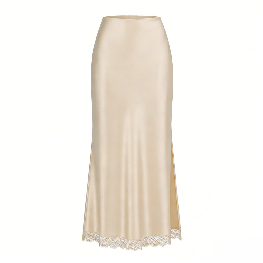 High Slit Lace Trim Satin Maxi Skirt - Beige