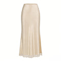High Slit Lace Trim Satin Maxi Skirt - Beige