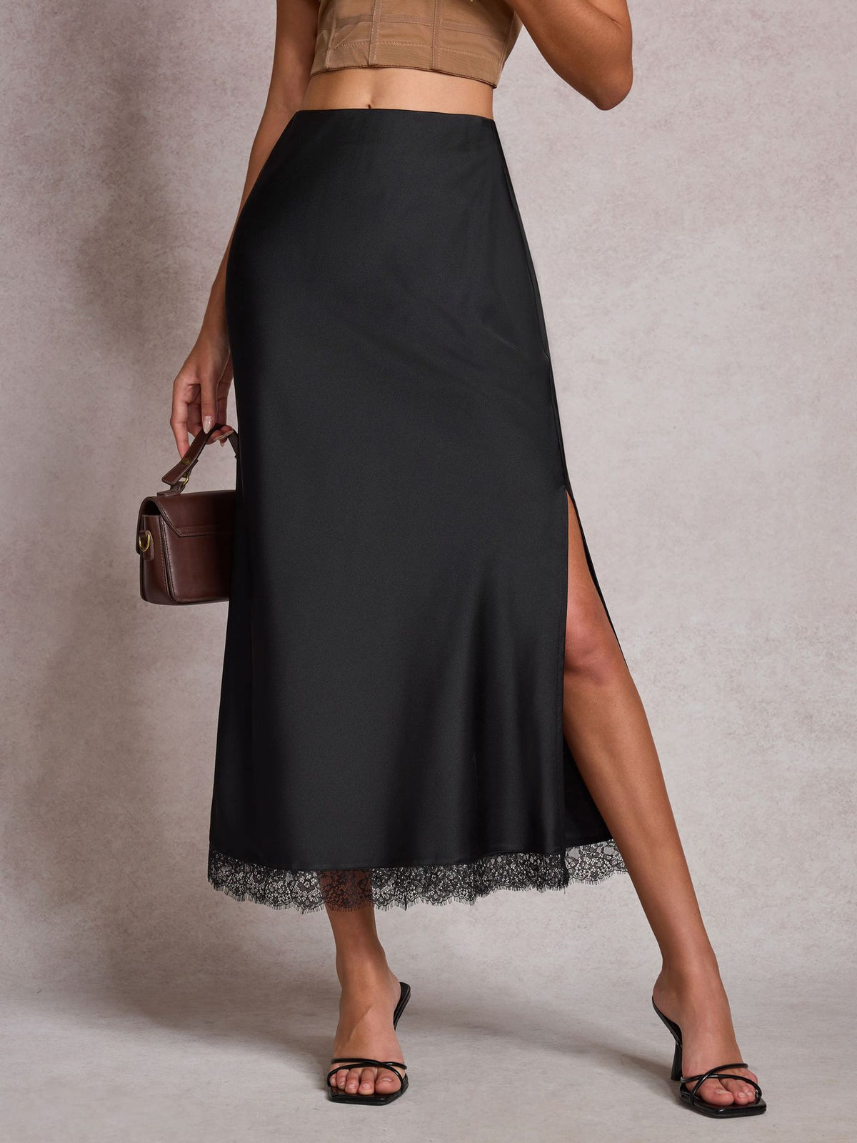 High Slit Lace Trim Satin Maxi Skirt - Black