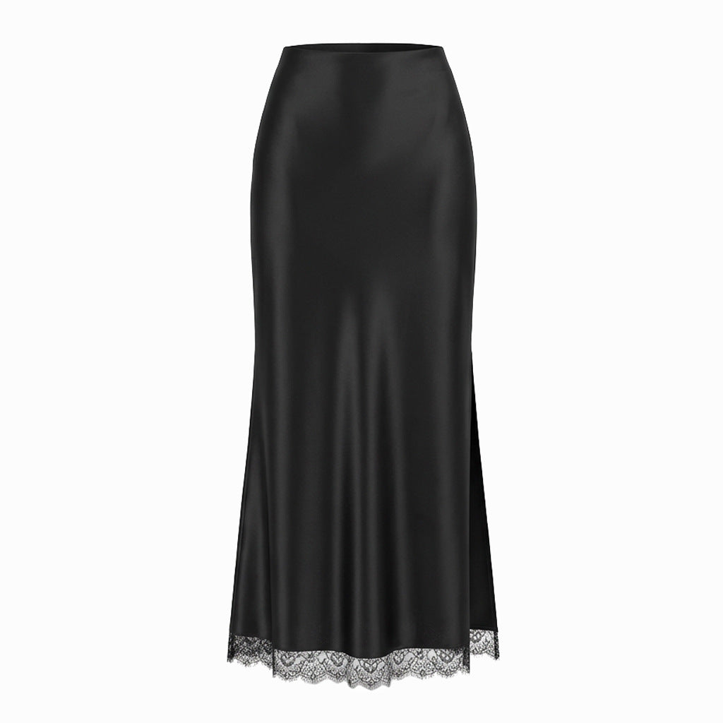 High Slit Lace Trim Satin Maxi Skirt - Black - 1