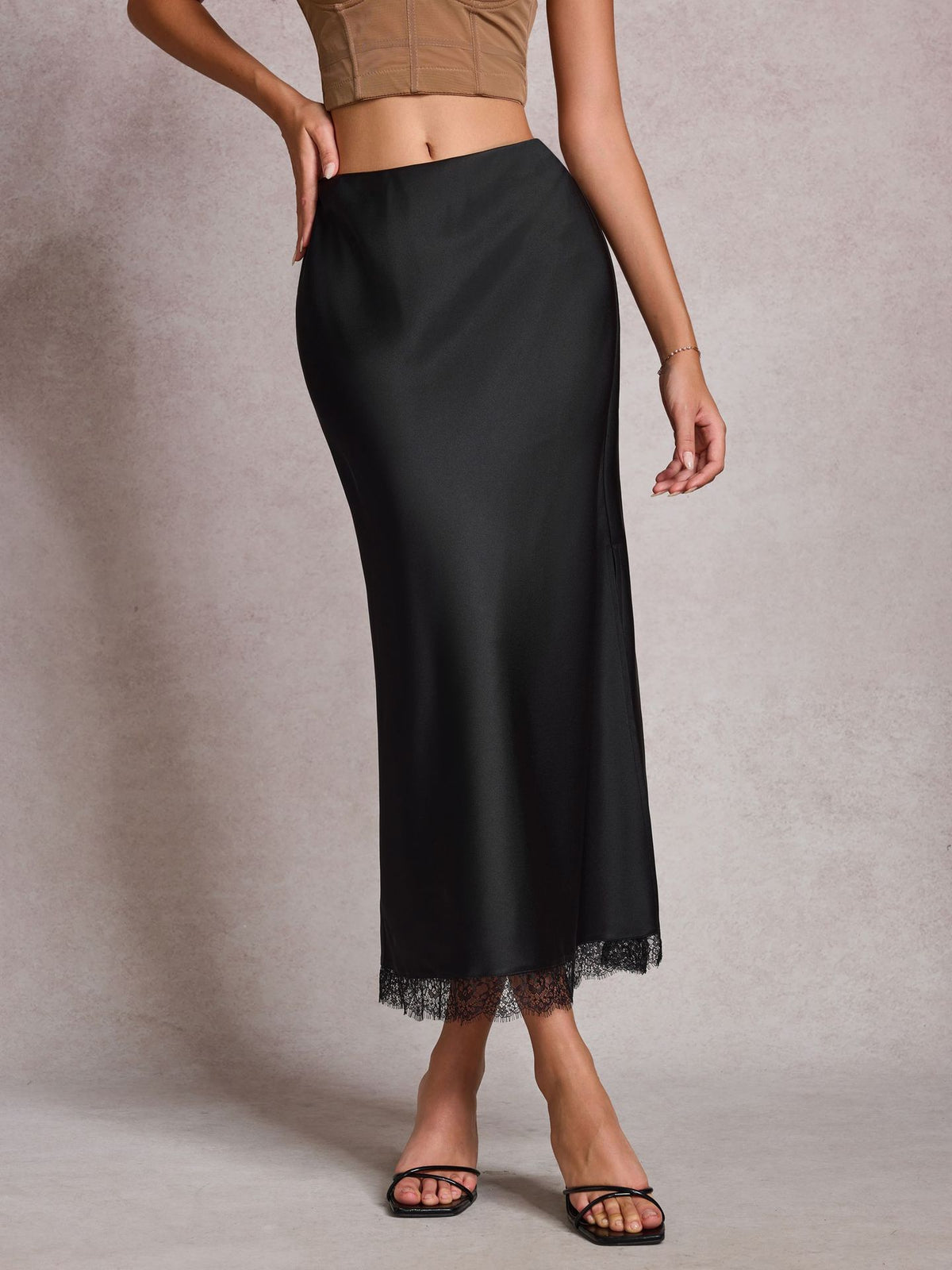 High Slit Lace Trim Satin Maxi Skirt - Black - 5