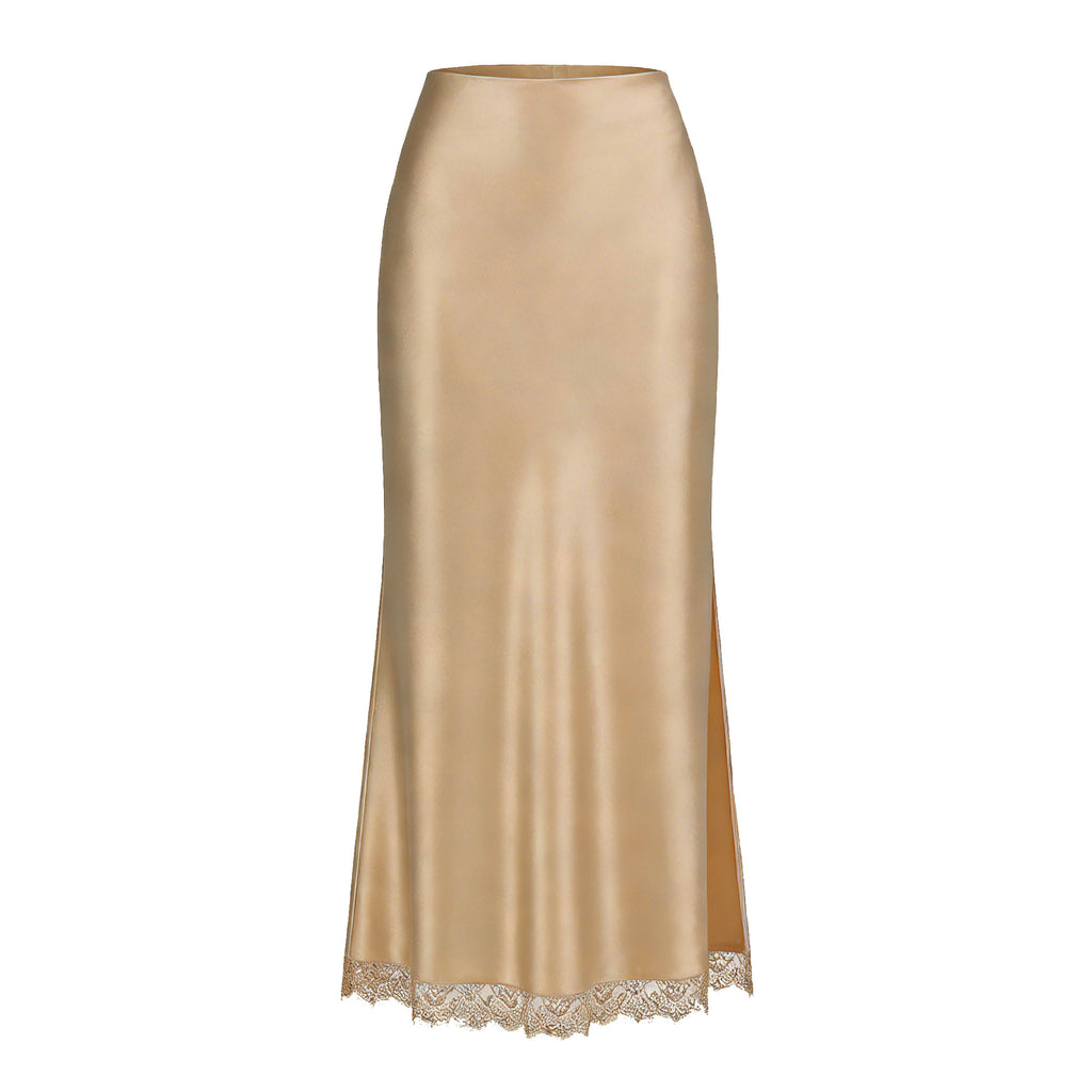 High Slit Lace Trim Satin Maxi Skirt - Champagne