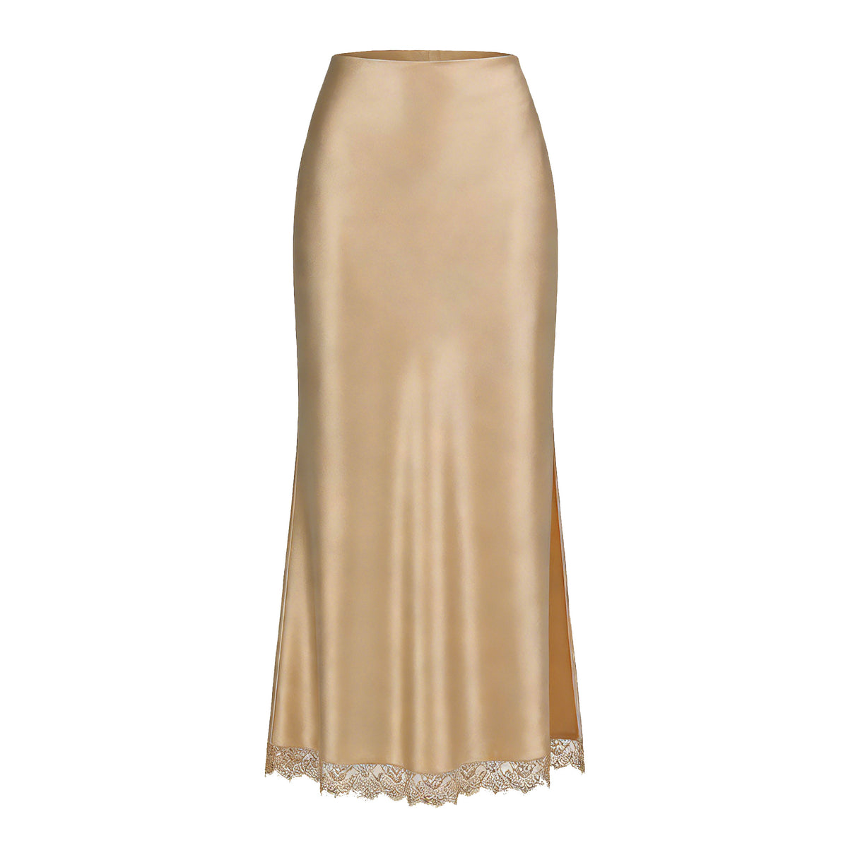 High Slit Lace Trim Satin Maxi Skirt - Champagne
