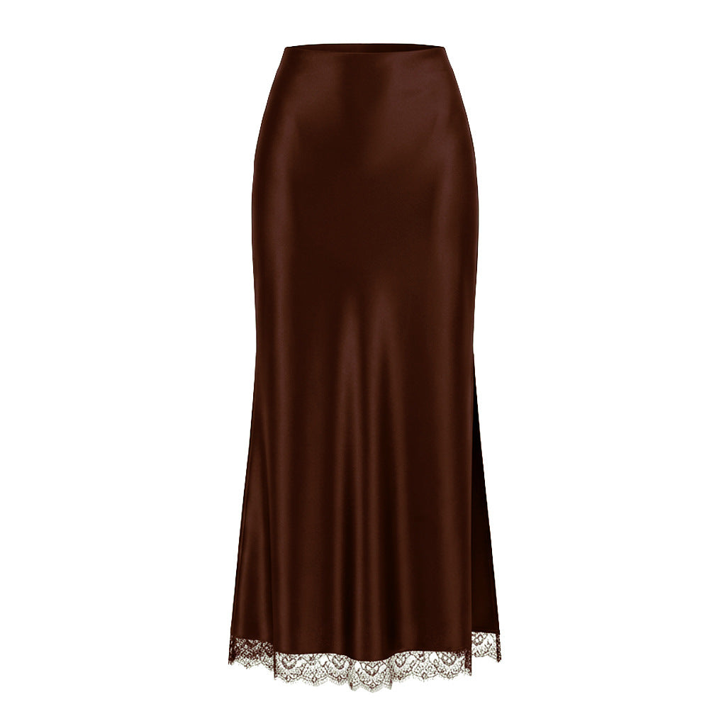 High Slit Lace Trim Satin Maxi Skirt - Chocolate
