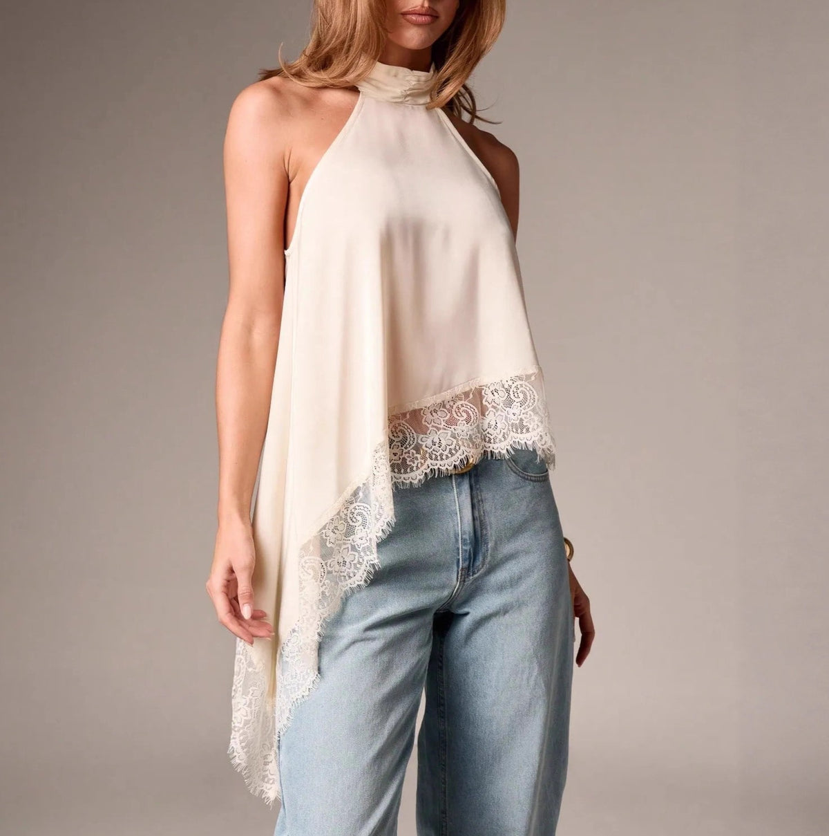 Lace Trim Asymmetric Satin Halter Camisole - Beige