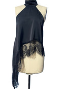 Lace Trim Asymmetric Satin Halter Camisole - Black-1