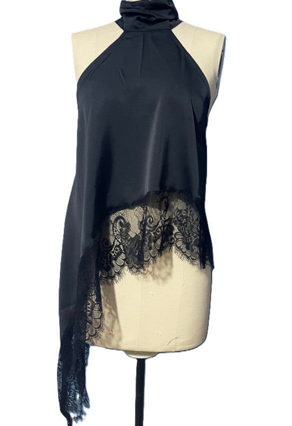 Lace Trim Asymmetric Satin Halter Camisole - Black-1