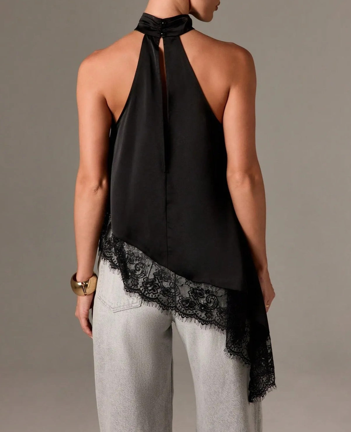 Lace Trim Asymmetric Satin Halter Camisole - Black-1 - 1