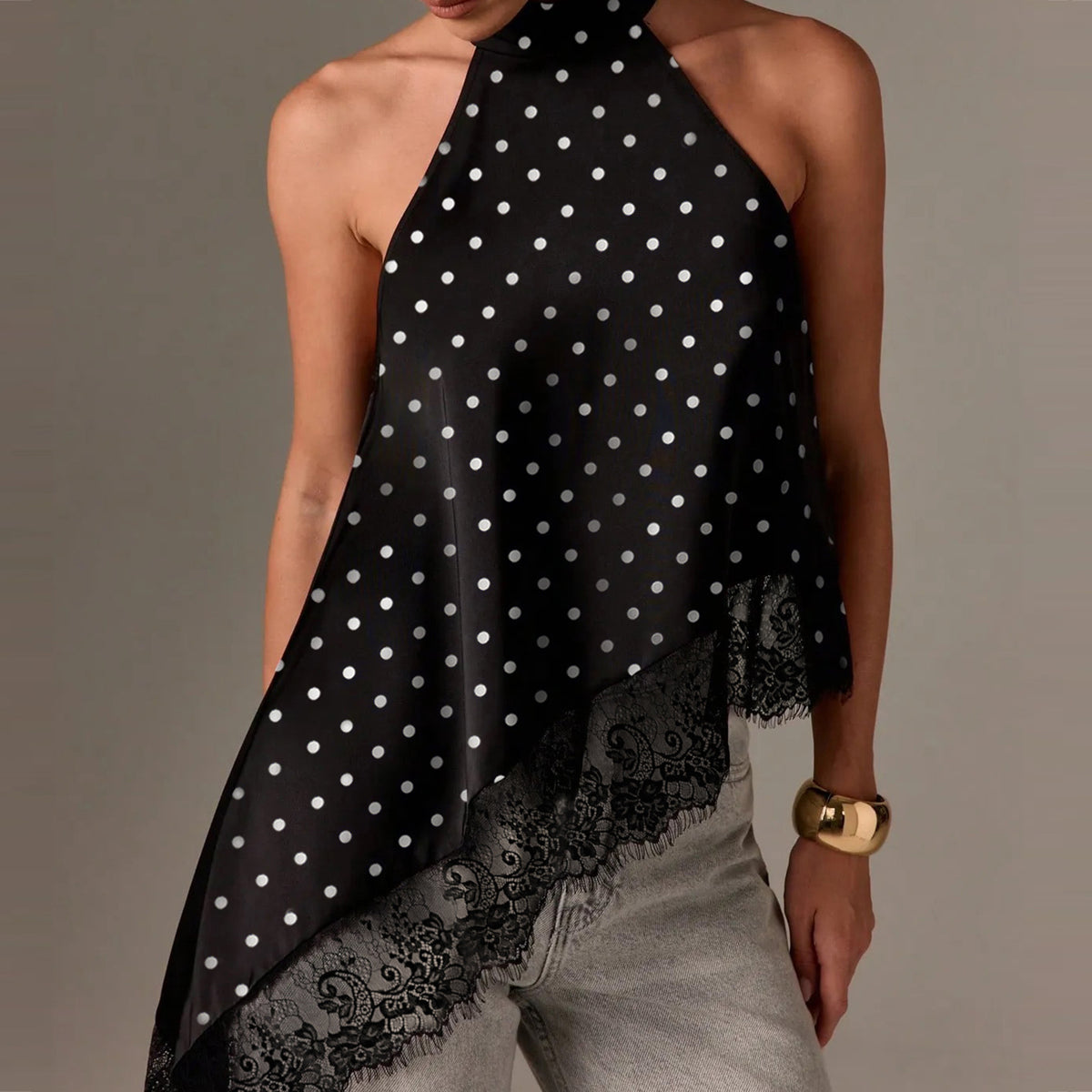 Lace Trim Asymmetric Satin Halter Camisole - Black-2