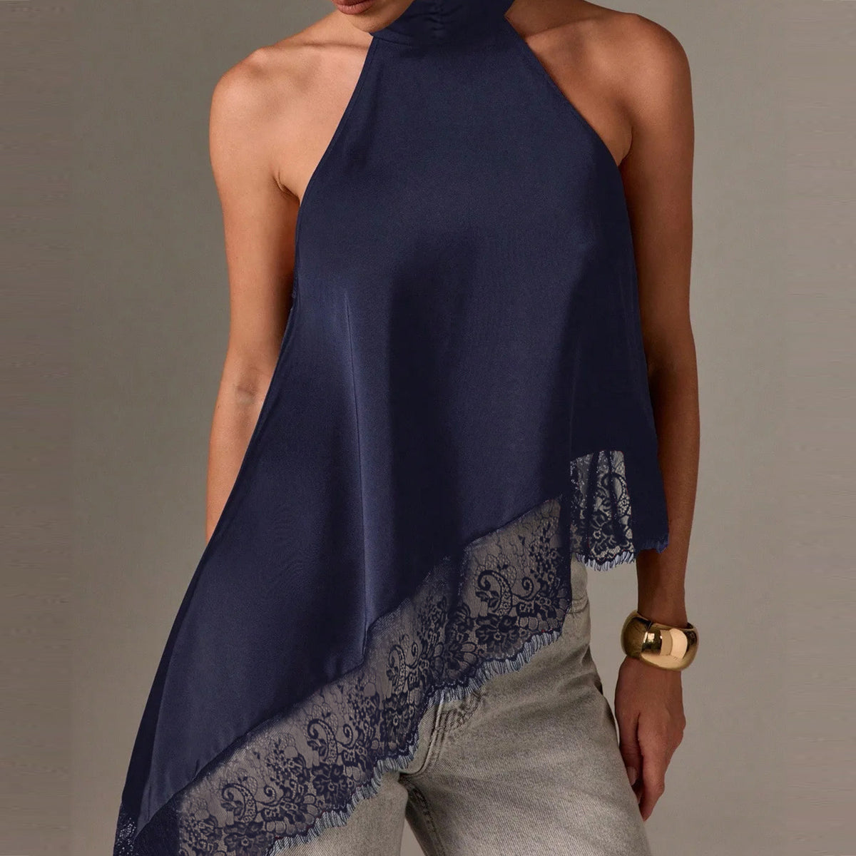 Lace Trim Asymmetric Satin Halter Camisole - Blue