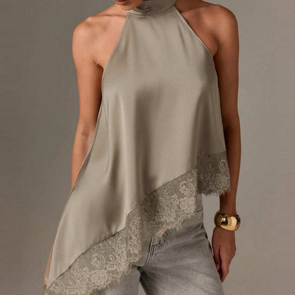 Lace Trim Asymmetric Satin Halter Camisole - Grey