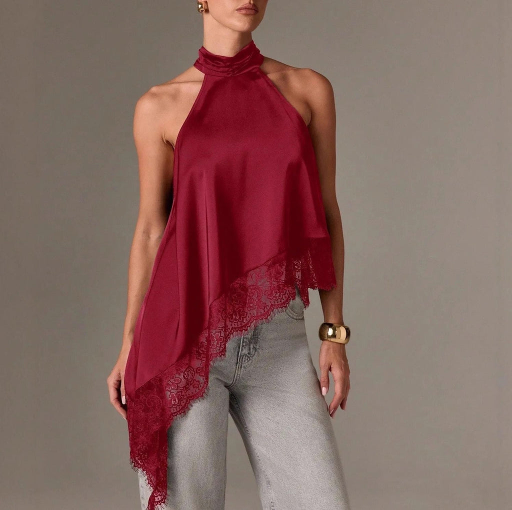 Lace Trim Asymmetric Satin Halter Camisole - Red