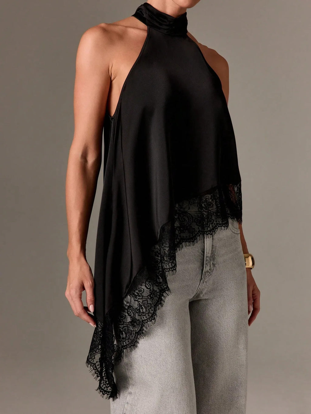 Lace Trim Asymmetric Satin Halter Camisole