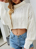 Cropped Cable Knit Turtleneck With Balloon Sleeves - White