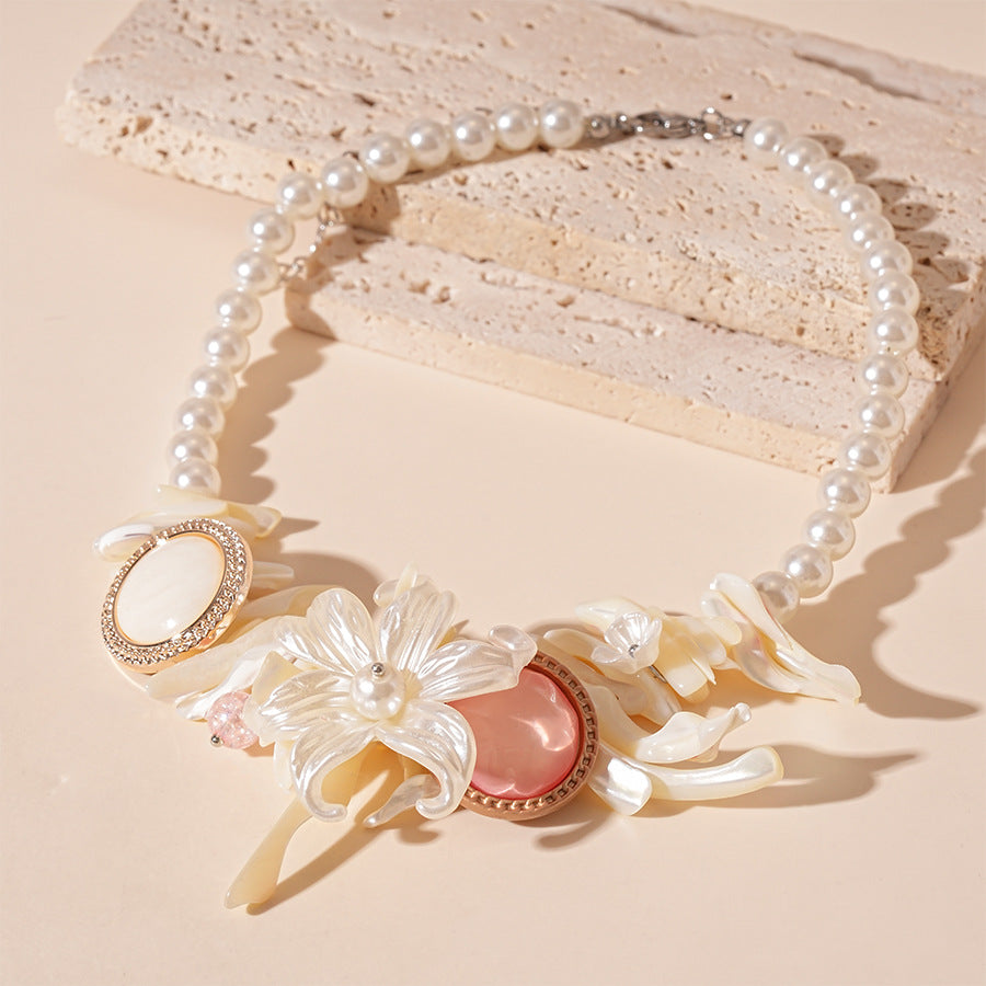 Shell Flower Faux Pearl Statement Necklace - White - 1