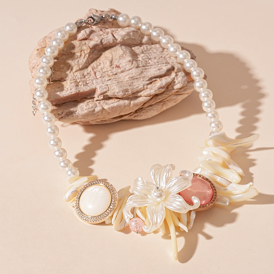 Shell Flower Faux Pearl Statement Necklace - White - 2