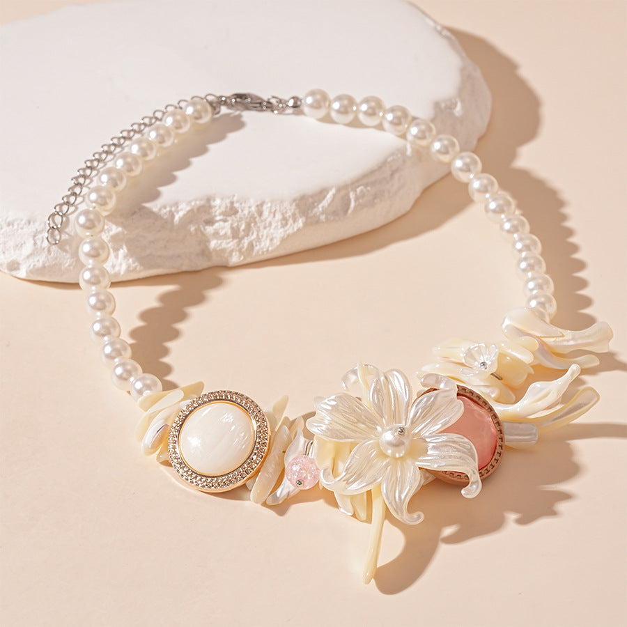 Shell Flower Faux Pearl Statement Necklace - White - 3