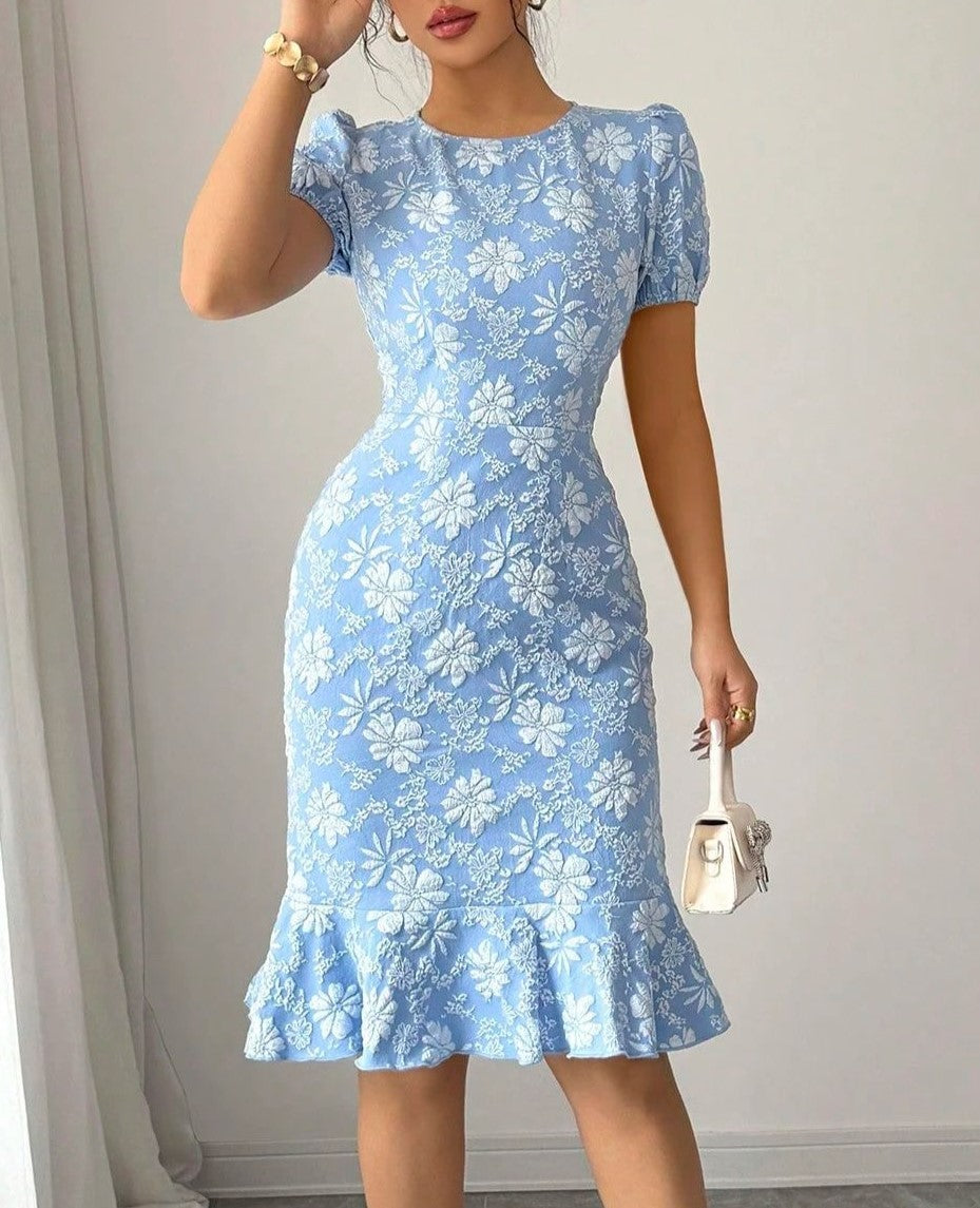 Puff Sleeve Floral Jacquard Mermaid Midi Dress - Blue