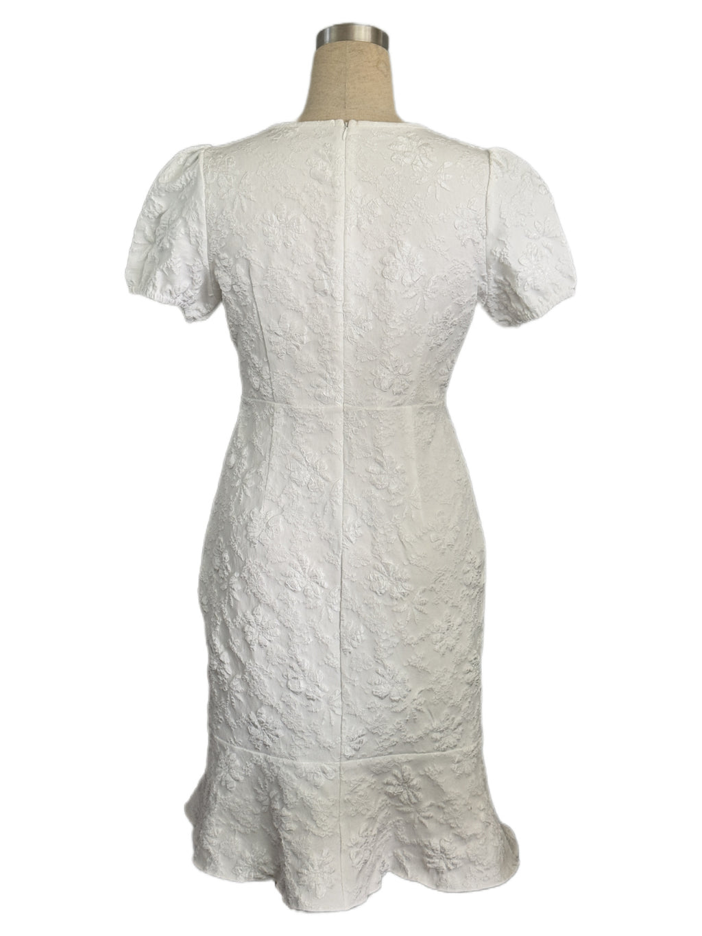 Puff Sleeve Floral Jacquard Mermaid Midi Dress - White - 1