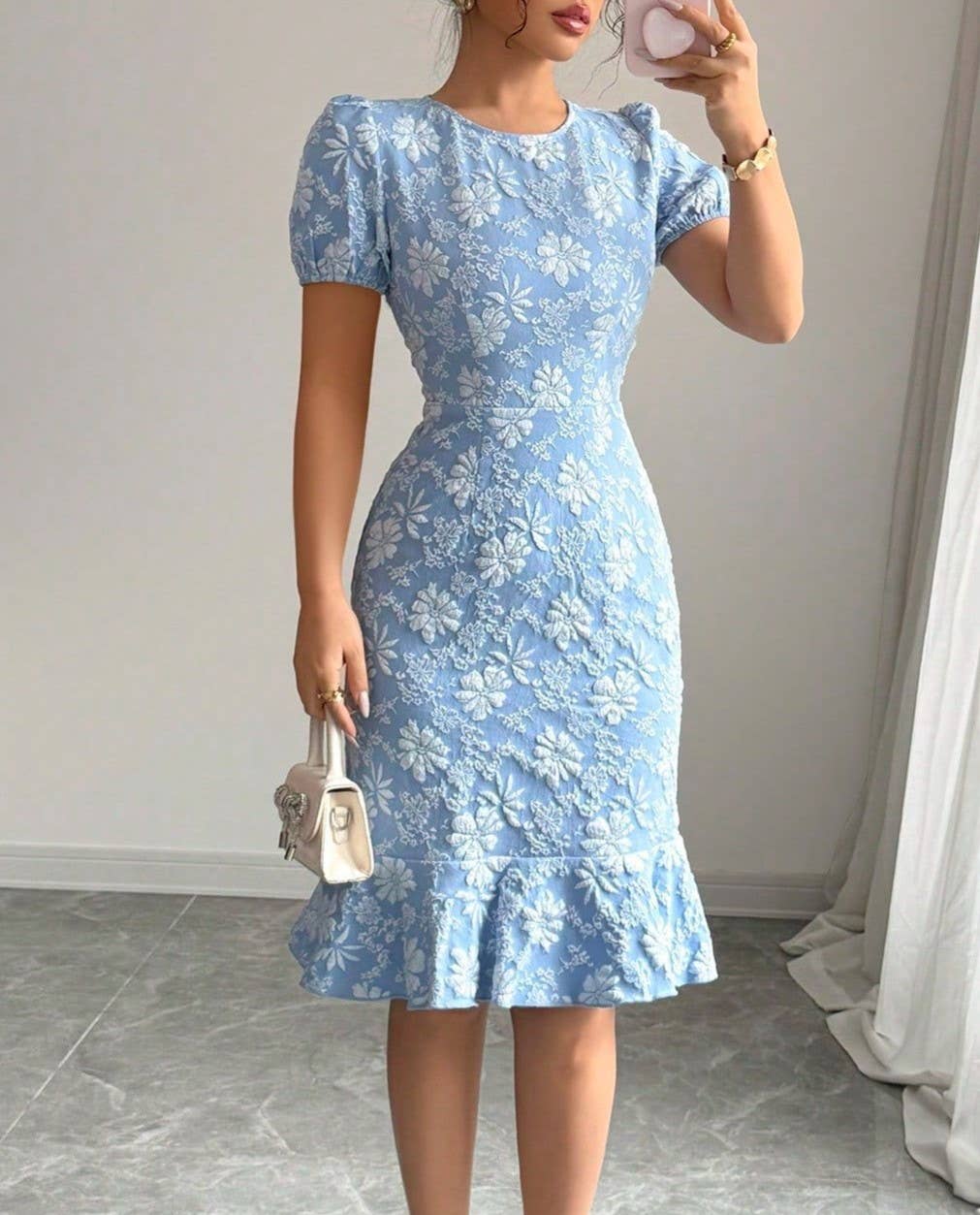 Puff Sleeve Floral Jacquard Mermaid Midi Dress