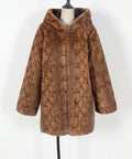 Animal Print Plush Faux Fur Hooded Coat - Brown