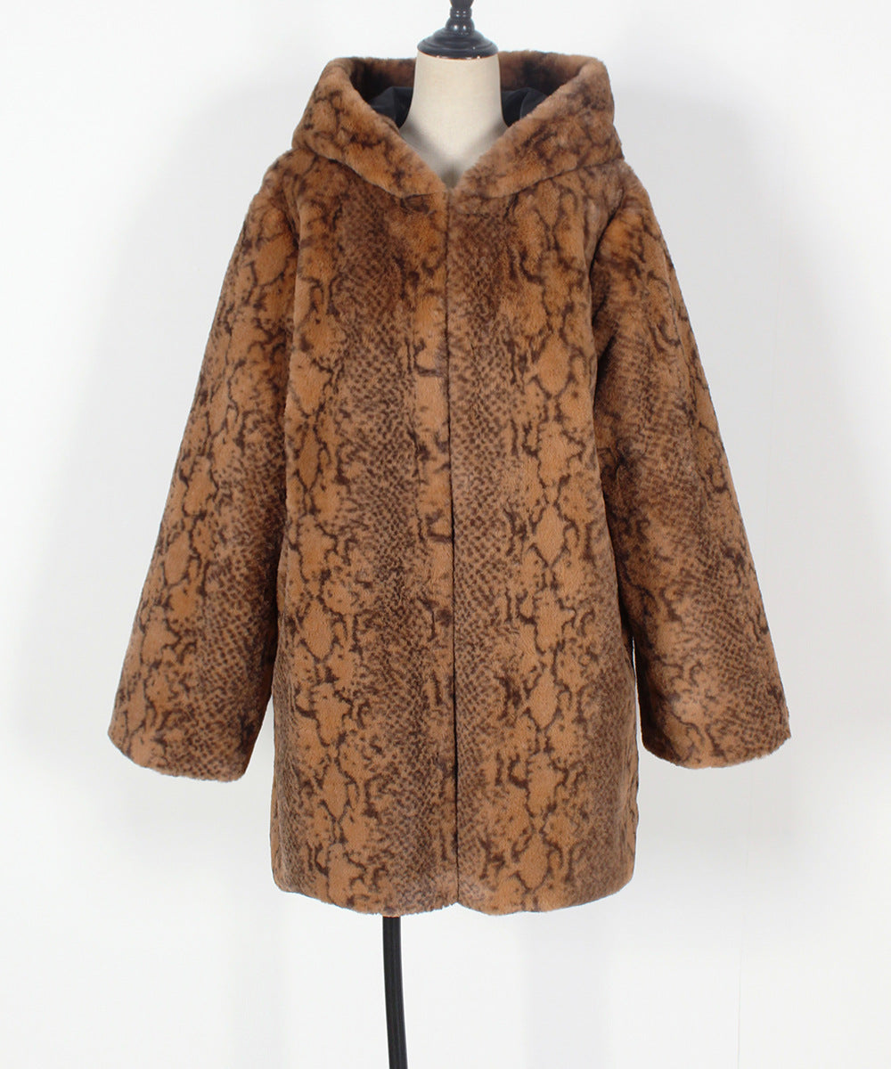 Animal Print Plush Faux Fur Hooded Coat - Brown