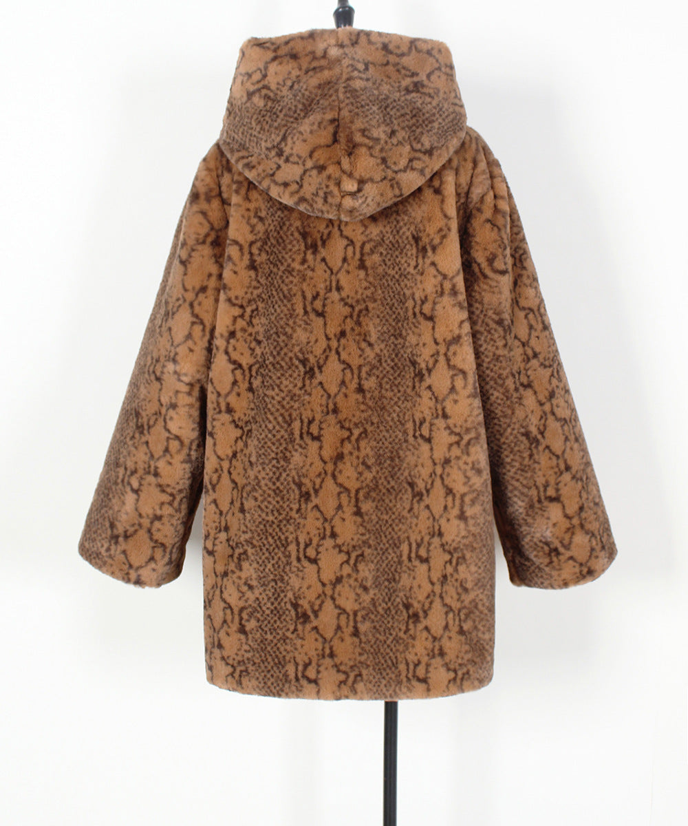 Animal Print Plush Faux Fur Hooded Coat - Brown - 1