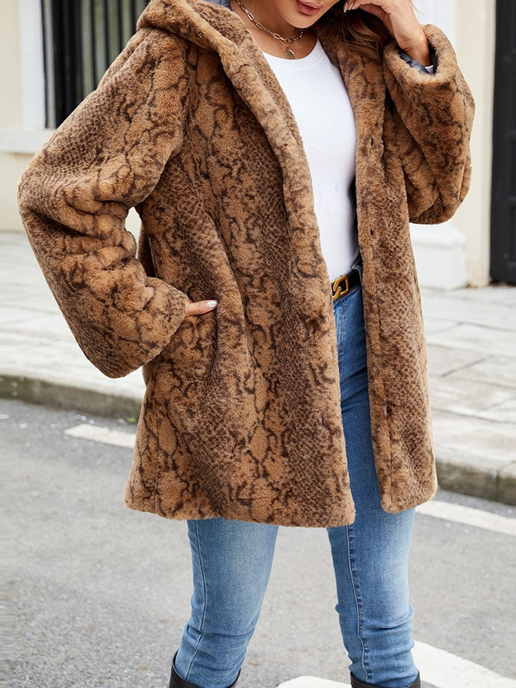 Animal Print Plush Faux Fur Hooded Coat - Brown - 2