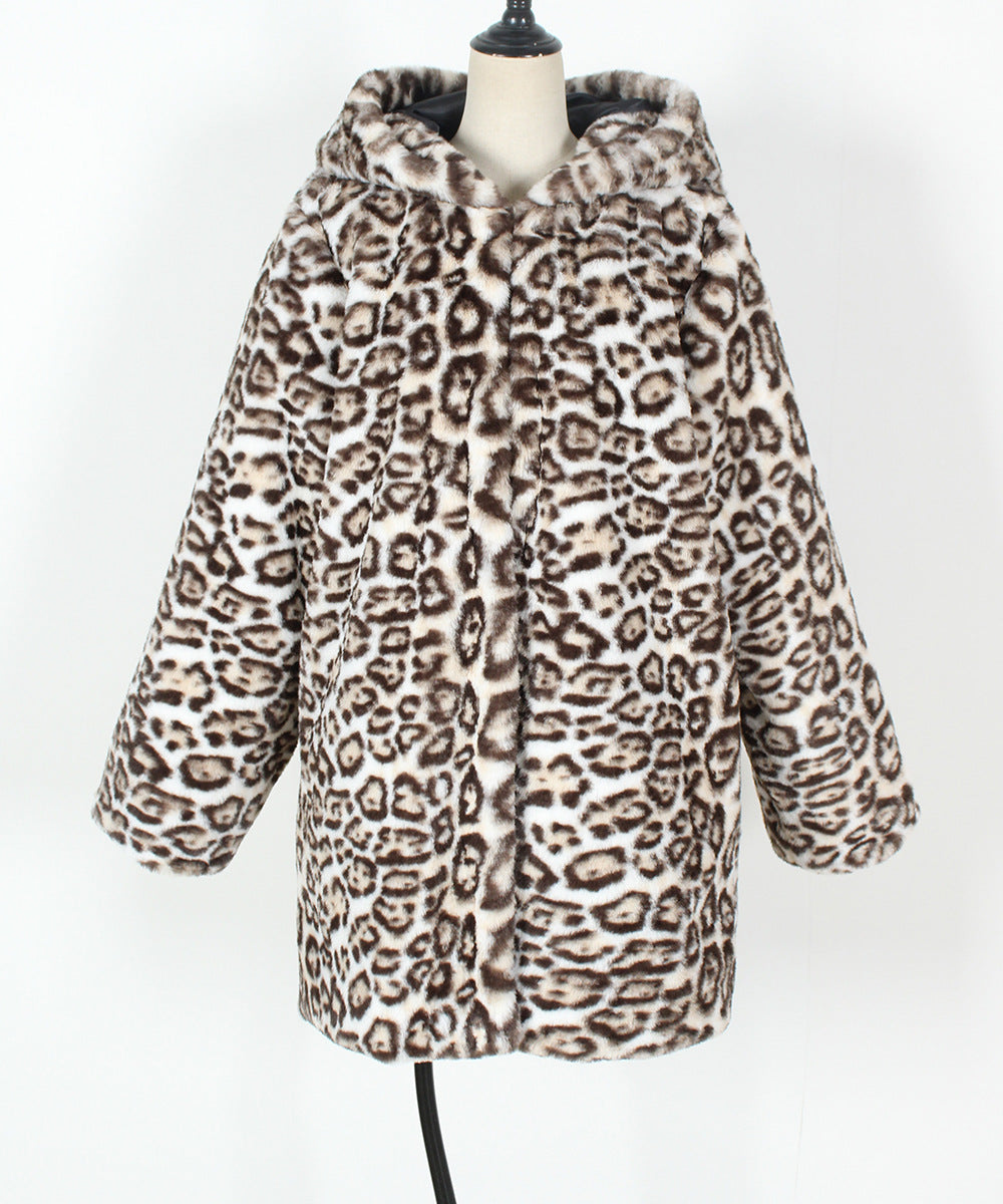 Animal Print Plush Faux Fur Hooded Coat - White