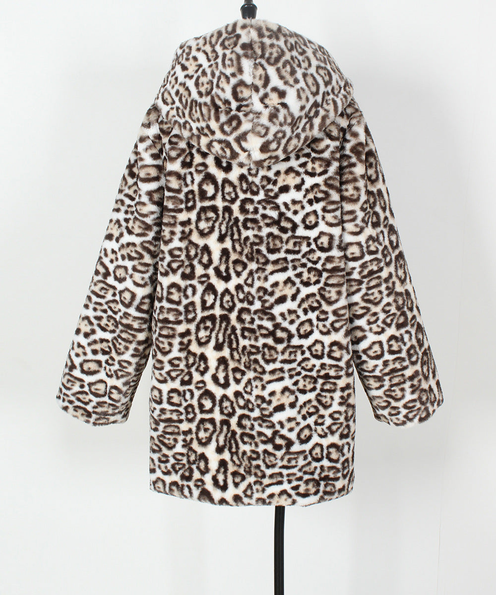 Animal Print Plush Faux Fur Hooded Coat - White - 1